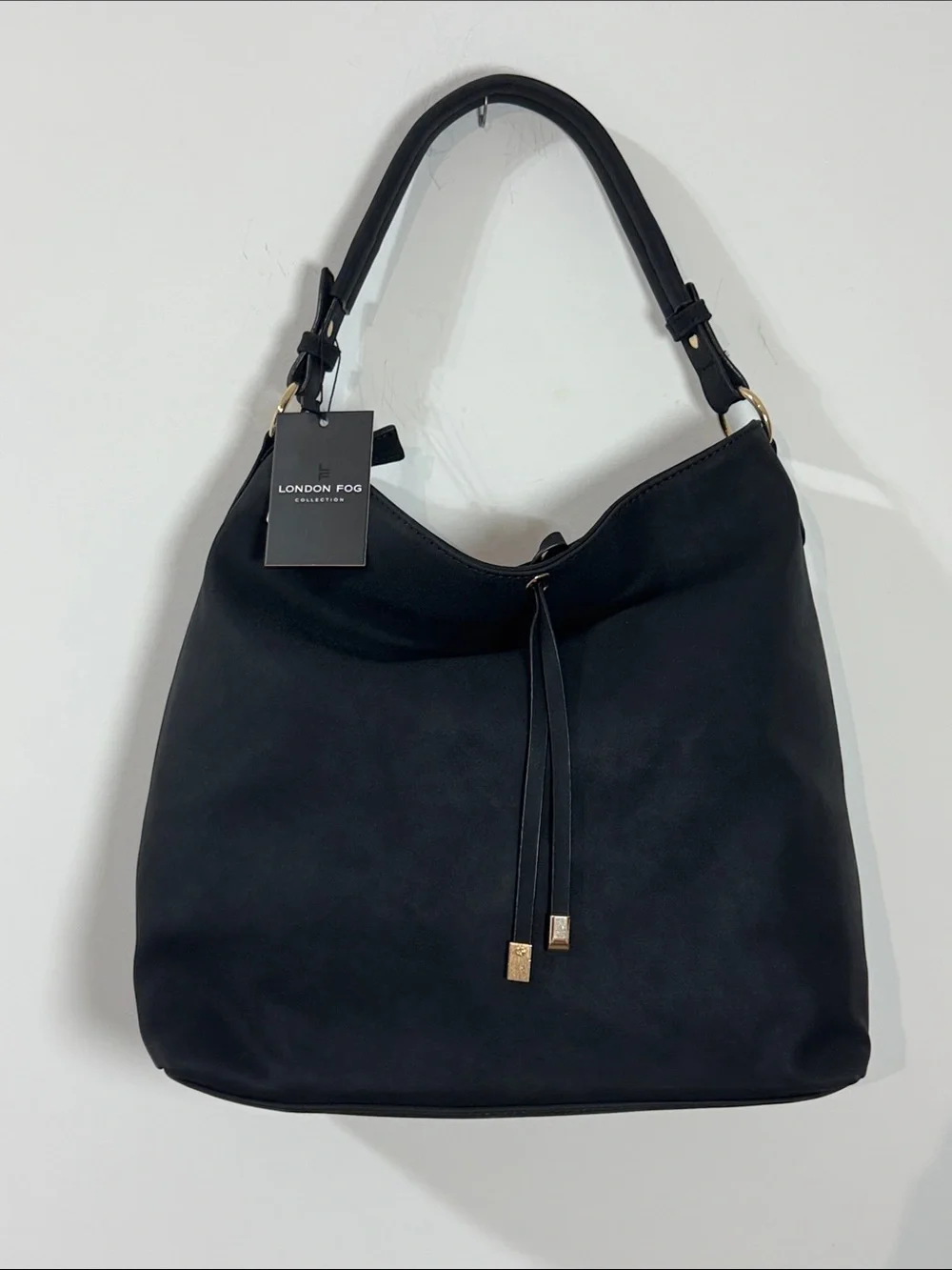 London Fog Elena Black Shoulder Faux Suede Hobo with Braided Trim - Large